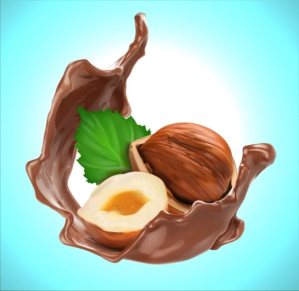 Chocolate splash with hazelnut. Design element. Vector relistichesky illustration on a blue background. — Stock Vector