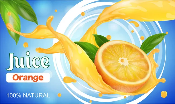 Citrusový džus. Pomeranč rozřízl napůl stříkající vodou a šplouchání. Šťávy — Stockový vektor