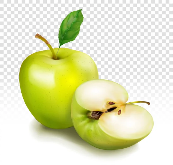 Manzana verde entera y cortada por la mitad. Fruta con hojas. Vector rea — Archivo Imágenes Vectoriales