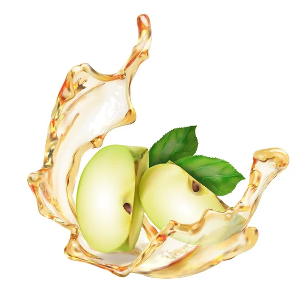 Een plons appelsap of nectar met plakjes fruit en groene bladeren. Vector realistische illustratie op witte achtergrond. — Stockvector