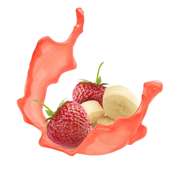 Un soupçon de jus, nectar, cocktail ou autre boisson. Boisson à la banane et aux fraises. Tranches de fraises et de bananes. Illustration vectorielle réaliste sur fond blanc . — Image vectorielle