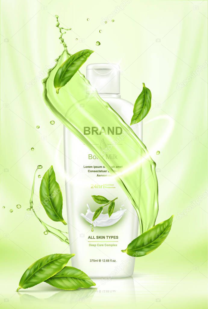 Green tea skin care product with flying tea leaves and water spl