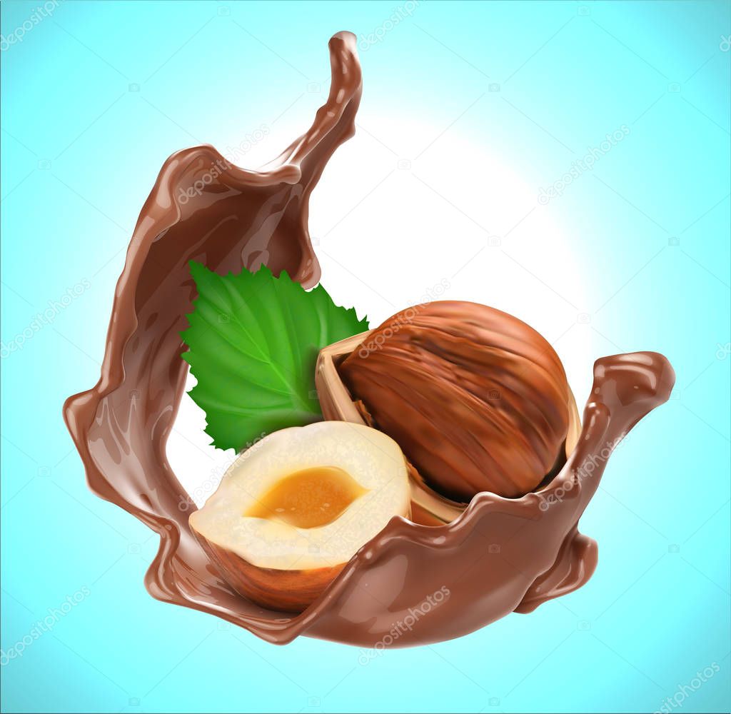 Chocolate splash with hazelnut. Design element. Vector relistichesky illustration on a blue background.