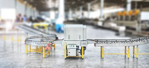 Prázdné dopravníky na pozadí rozmazané továrny. 3D ilustrace — Stock fotografie