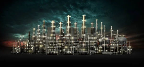 Night scene of an oil refinery. Ecology pollution. 3d illustration