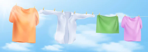 Lave la ropa en una cuerda con pinzas de ropa. Ilustración vectorial — Vector de stock