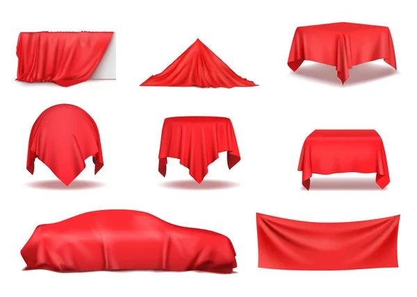 Червона шовкова тканина покривала предмети реалістичним набором. Векторні ілюстрації — стоковий вектор