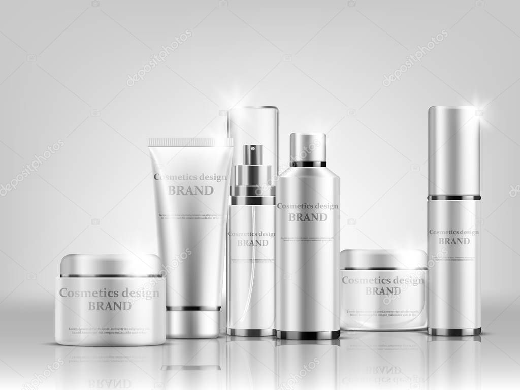 Vector illustration of Cosmetic bottle mock up set isolated packages on grey background