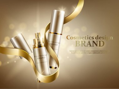 Altın arka plan üzerinde altın bir kurdele ile iki kozmetik kavanoz. Vektör çizim