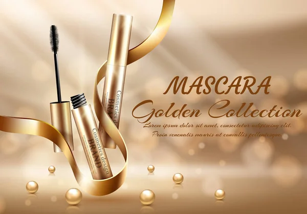 Realistic cosmetic mascara gold packaging on the shining background with bokeh. Vector illustration — Stock Vector