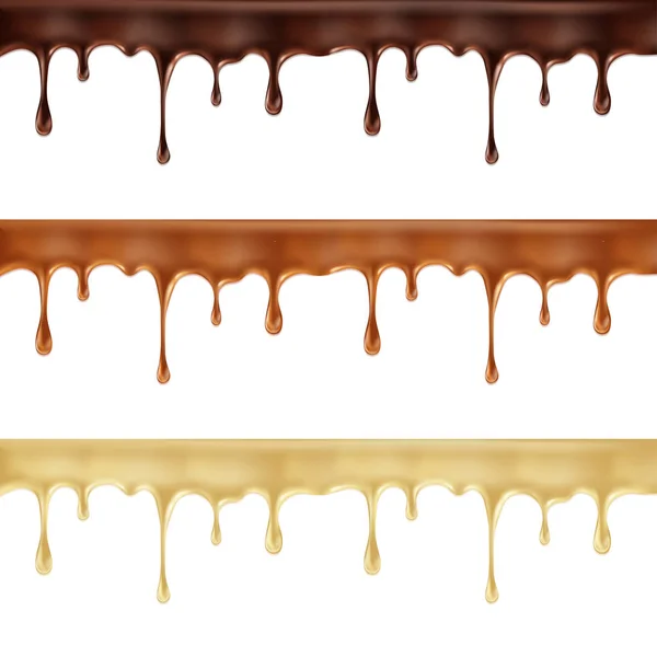 Conjunto vetorial realista de chocolate derretido escuro, branco e leite gotejamento — Vetor de Stock