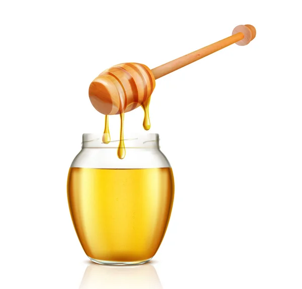 Skleněná nádobka plná medu a naběračka izolovaná na bílém pozadí. Vektorová ilustrace — Stockový vektor