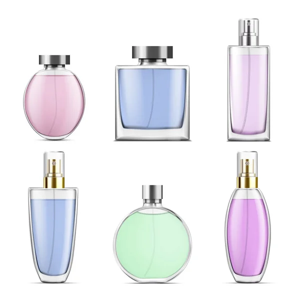 Perfume botellas de vidrio de varias formas tapas y color. Ilustración vectorial — Vector de stock