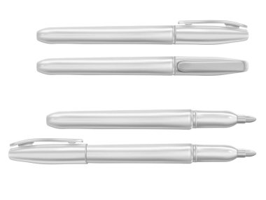 Vektör. Alay Et. Beyaz ince kalıcı işaretleyici ayarlayın. Farklı tür ve görünümler. Beyaz arka planda yalıtılmış vektör çizimi.