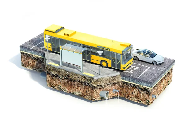 Concepto de tráfico. Parada de autobús urbano en el pedazo de tierra. Ver estructura de la carretera. ilustración 3d —  Fotos de Stock