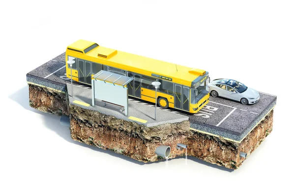 Concepto de tráfico. Parada de autobús urbano en el pedazo de tierra. Ver carretera —  Fotos de Stock