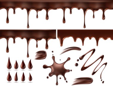 Çikolata damlaları ve blots seti. Beyaz üzerinde izole. Vektör Illustration