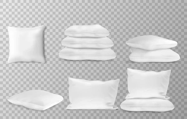 Realista almohadas blancas lado en vista superior combinaciones juego de maquetas transparente fondo vector ilustración — Vector de stock