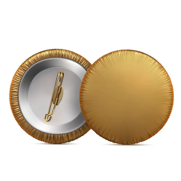 Gold round badge pin brooch covered with cloth. Mock Up. Vector realistic illustration isolated on white background. — Stock Vector