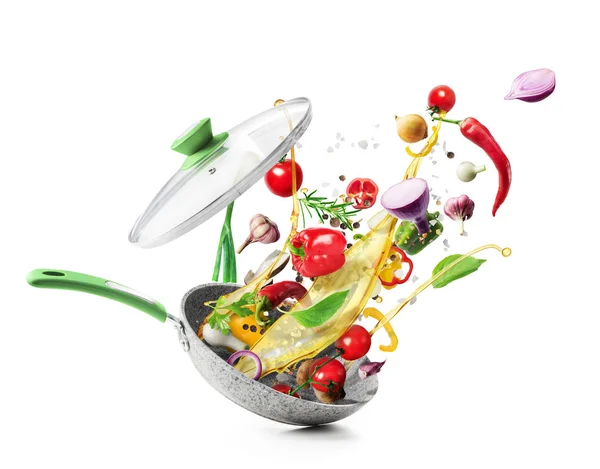 Concepto de cocina. Las verduras están volando fuera de la sartén aisladas o — Foto de Stock