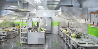 Endüstriyel mutfak. Restoran modern mutfak. 3d illüstrasyon