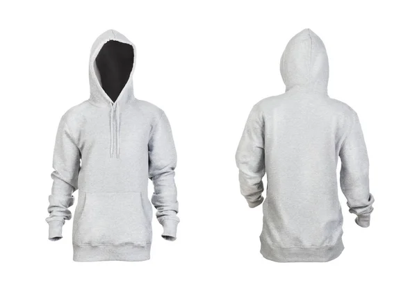 Hoodie cinza branco com capuz levantado frente e verso isolado em um — Fotografia de Stock