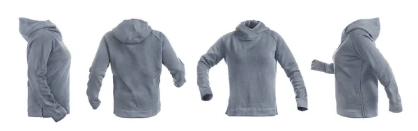 Samping kiri hoodie abu-abu kosong, kanan, depan dan belakang adalah — Stok Foto