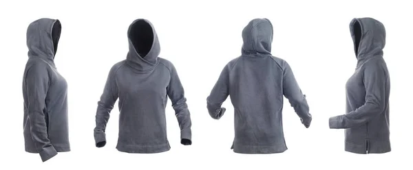 Lege grijze hoodie met opstaande capuchon leftside, rightside, frontsid — Stockfoto