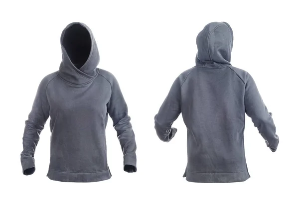 Blank grå hoodie framsida och baksida isolerad på en vit BAC — Stockfoto