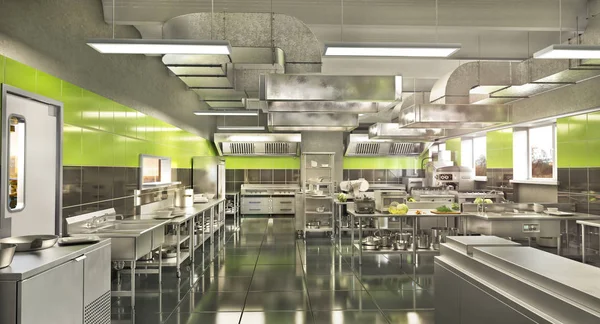 Restaurant apparatuur. Moderne industriële keuken. 3D-illustratie Stockafbeelding