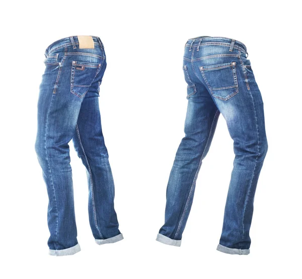 Blank empty jeans pants leftside and rightside in moving isolate — Stock Photo, Image