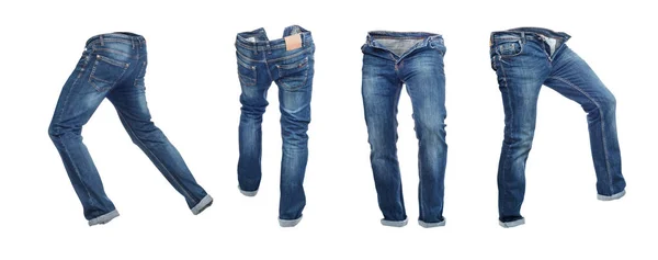 Комплект пустых джинсовых брюк в разных позах, изолированных на — стоковое фото