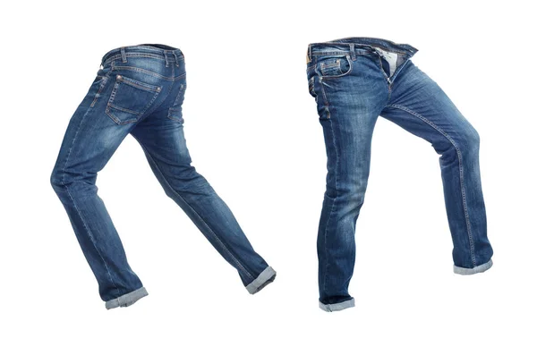 Чистые джинсы брюки слева и справа изолированы на белом пляже — стоковое фото