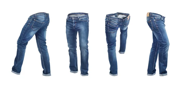 Uppsättning tomma tomma jeans byxor i olika ställningar isolerade på en — Stockfoto