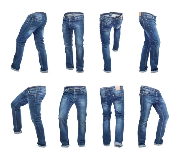 一套空空白牛仔裤裤子在不同的姿势隔离在 — 图库照片