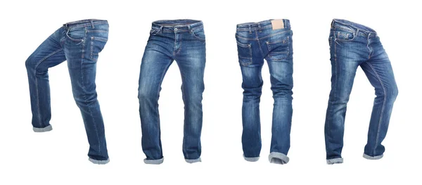 Uppsättning tomma tomma jeans byxor i olika ställningar isolerade på en — Stockfoto