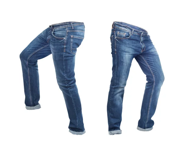 Pantaloni jeans bianchi lato sinistro e lato destro isolati su un bac bianco — Foto Stock