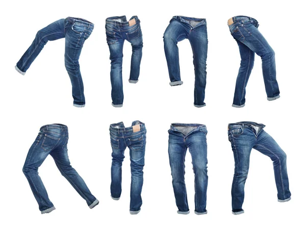 Conjunto de calças jeans vazias em branco em diferentes poses isoladas em um — Fotografia de Stock
