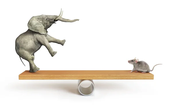 Поняття важливих речей. Слон і миша збалансовані на лісопилці. 3d ілюстрація — стокове фото
