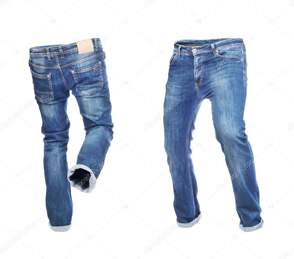 Blank empty jeans pants frontside and backside in moving isolate