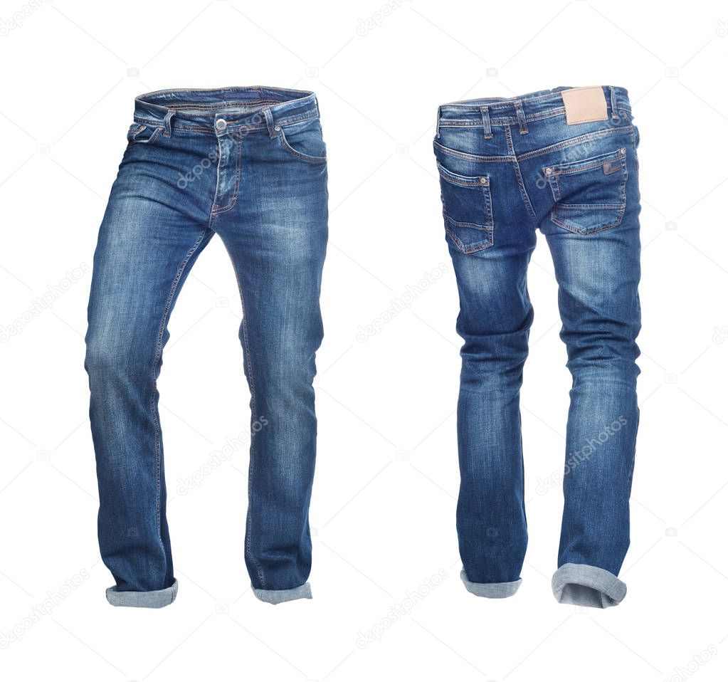Blank jeans pants frontside and backside isolated on a white bac