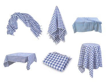 izole tablo üzerinde mavi masa giydirme kümesi