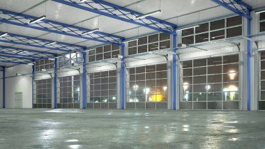 Cam kapılar ile Hangar iç. 3d illüstrasyon