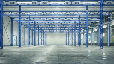 Cam kapılar ile Hangar iç. 3d illüstrasyon