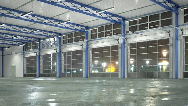 Hangar interno con cancelli in vetro. Illustrazione 3d — Foto Stock