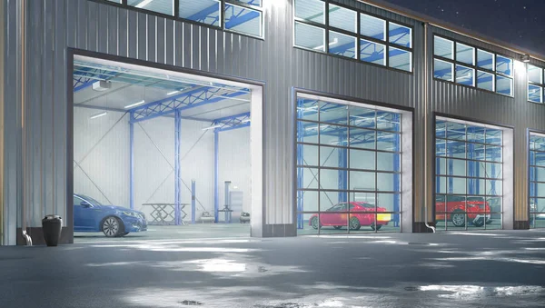 Hangar night exterior with rolling gates. 3d illustration