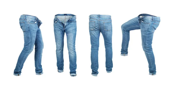 Пустые джинсовые брюки слева, справа, спереди и сзади — стоковое фото