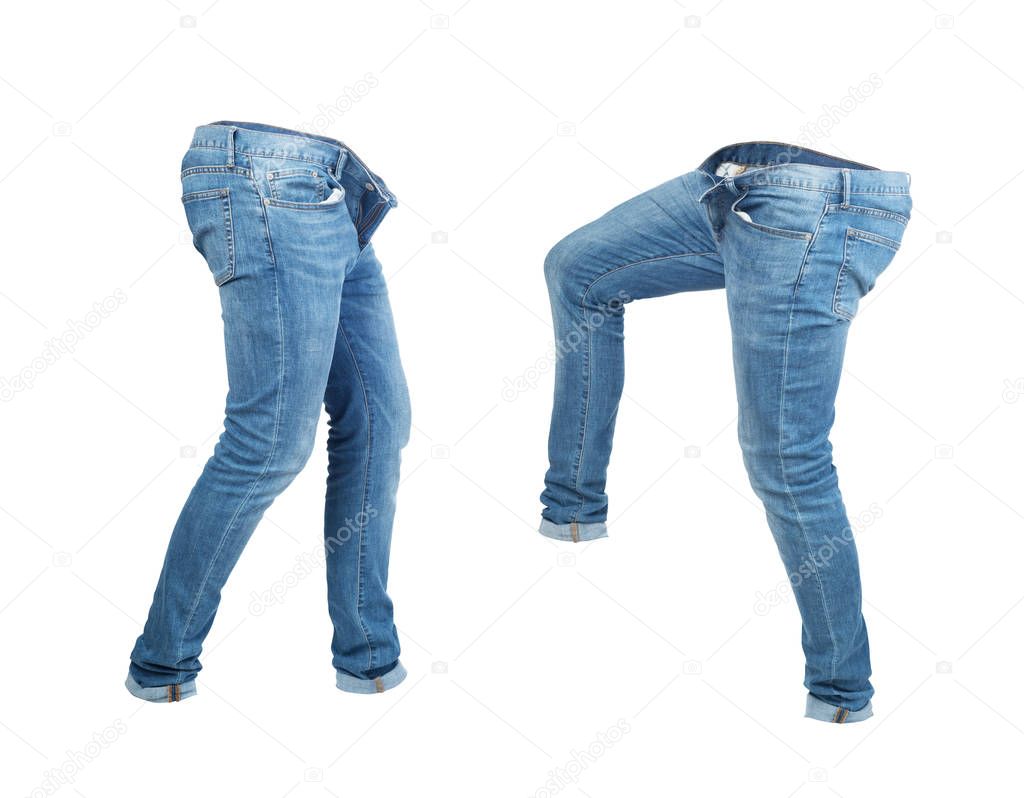 Blank empty jeans pants leftside and rightside in moving isolate