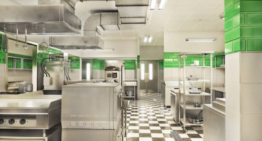 Restoran ekipmanları. Modern endüstriyel mutfak. 3d illüstrasyon