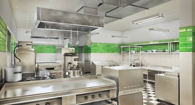 Restoran ekipmanları. Modern endüstriyel mutfak. 3d illüstrasyon